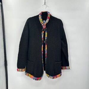 Amano Wool Cardigan Boho Handmade Artisan Knit Color Trim Jacket Women M - L